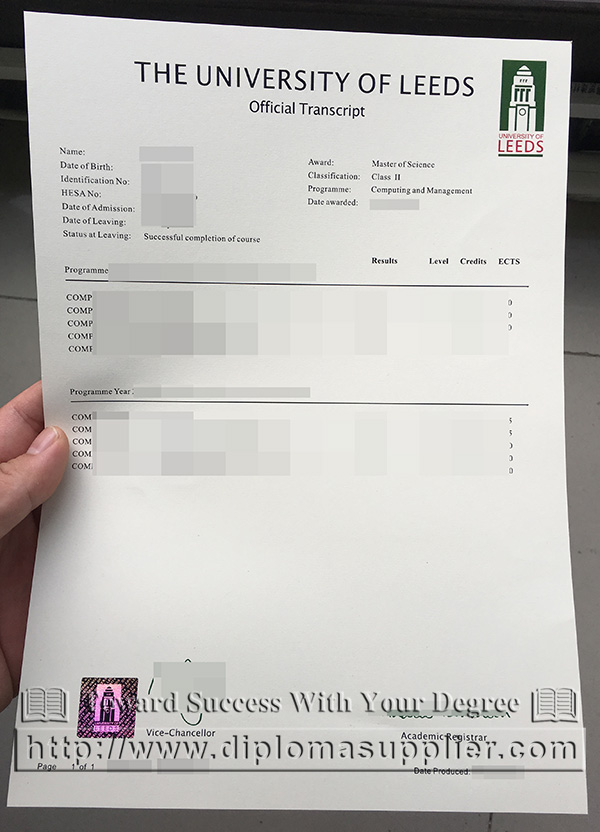 University of Leeds academic transcript